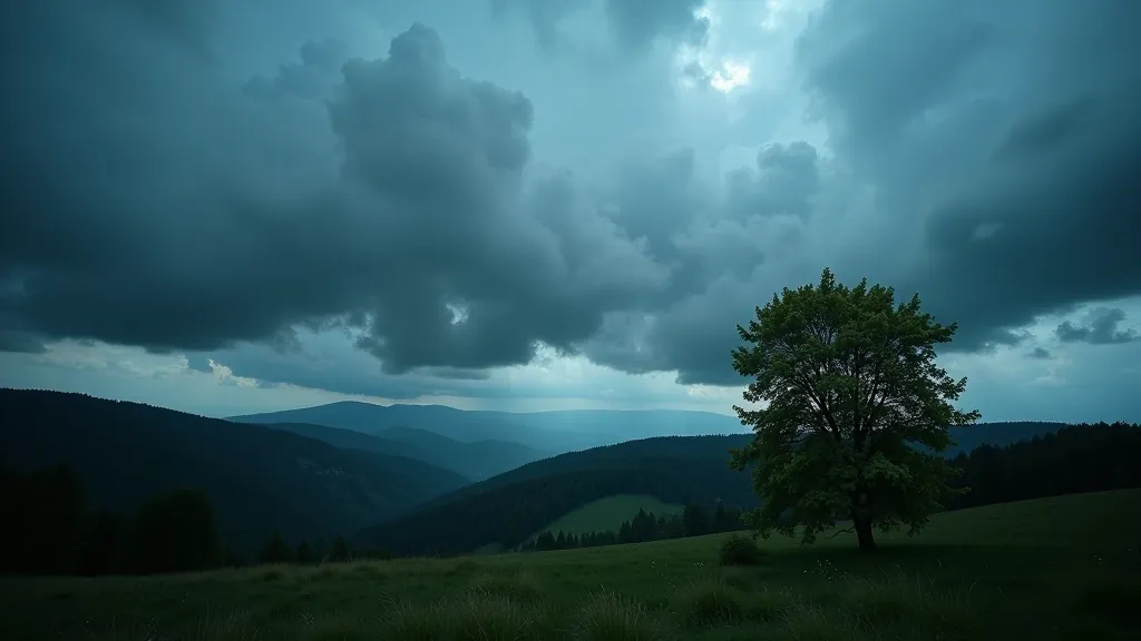 Mraky sbírající se nad lesním vrcholem, dramatické počasí, strom v popředí