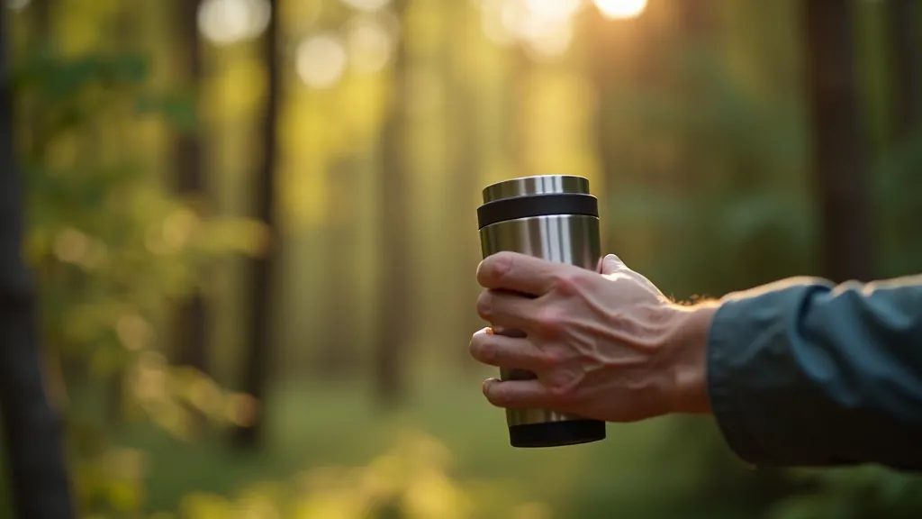 Ruka starší osoby držící termosku v lesní přírodě během procházky