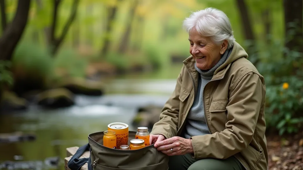 Starší žena stelí si malý piknik u pramene, s košíkem a termolahví, ve vhodném outdoorovém oblečení